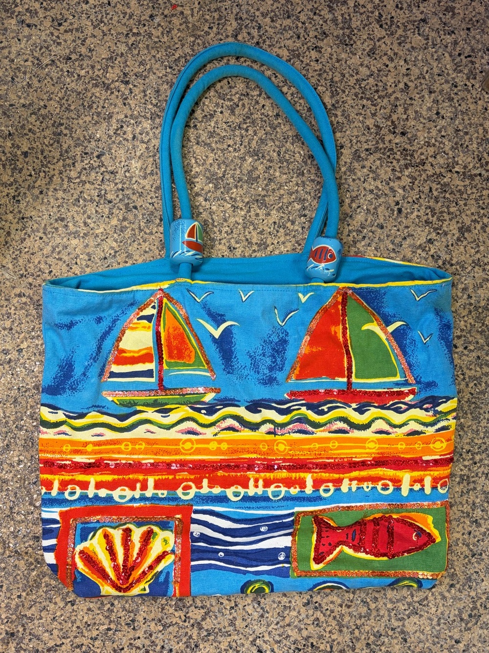 Blue Nautical Canvas Tote Bag with Colorful Sailboat Design